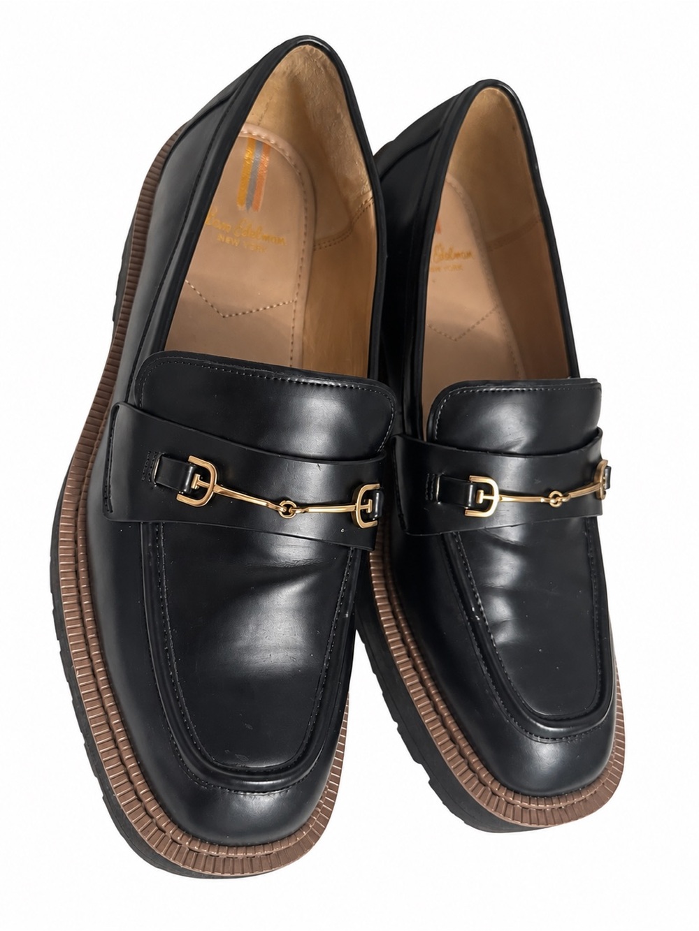 Sam Edelman Laurs Loafers Women 10.5 Black Leather Gold Bit Chunky Lug Sole